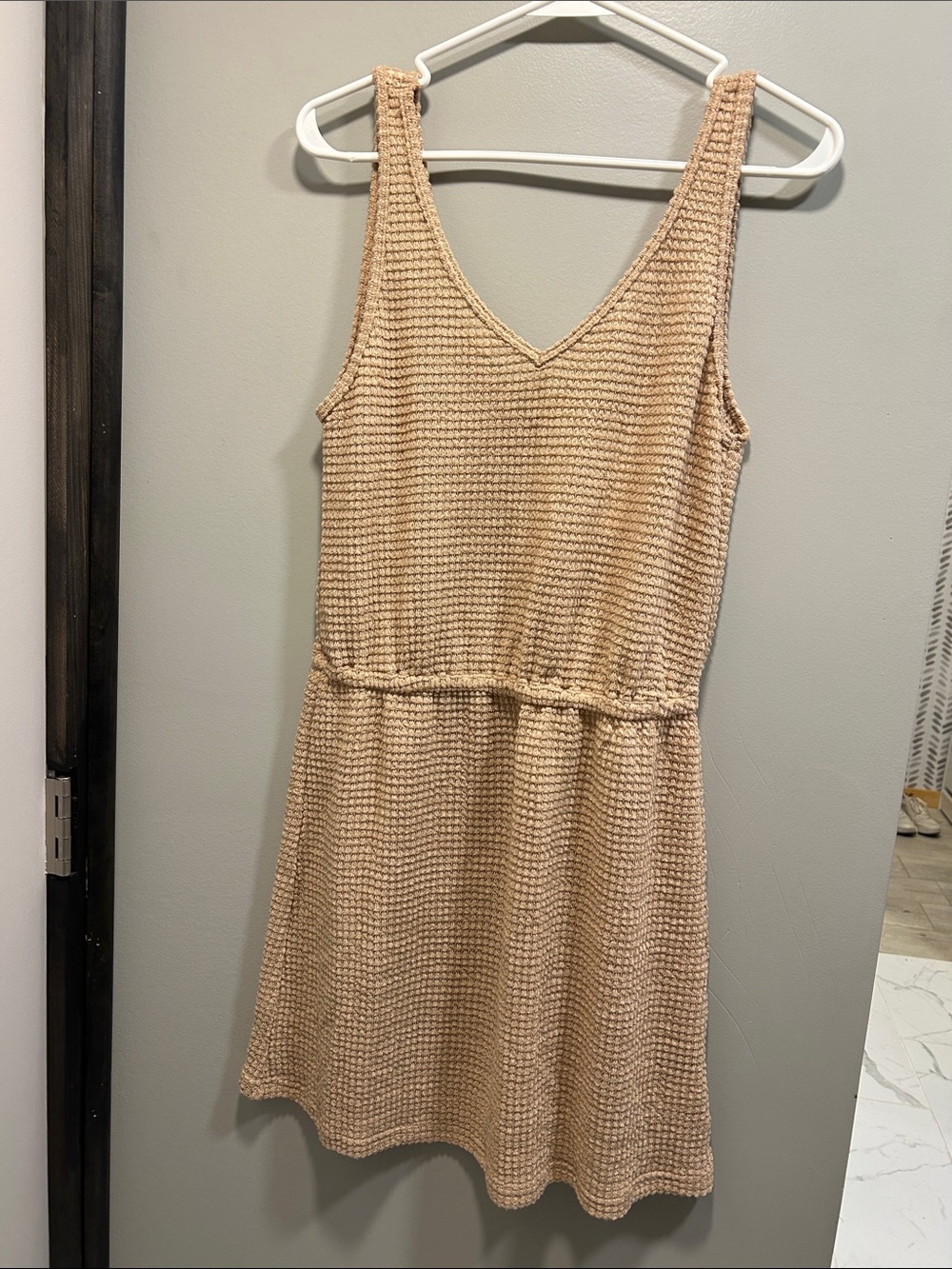 Sleeveless Waffle-Knit Swim Cover Mini Dress in Tan